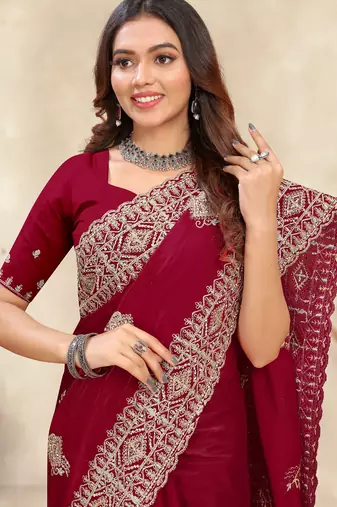 red crepe silk saree with coding zarkan work