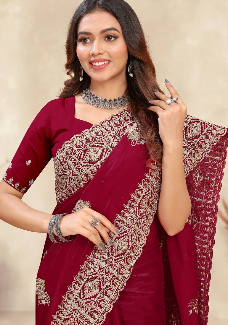 red coding embroidered zarkan diamond work crepe silk blend saree for women