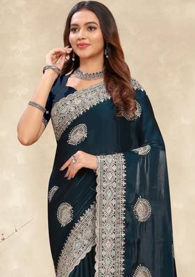 teal blue crepe silk saree with zarkan diamond work 3