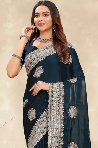 teal blue crepe silk saree with zarkan diamond work