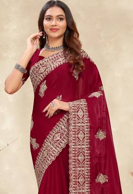 red crepe silk saree with coding zarkan work 3