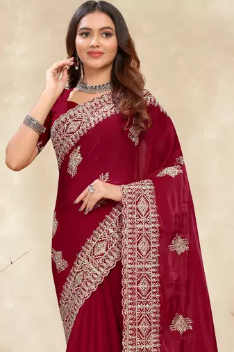 red crepe silk saree with coding zarkan work