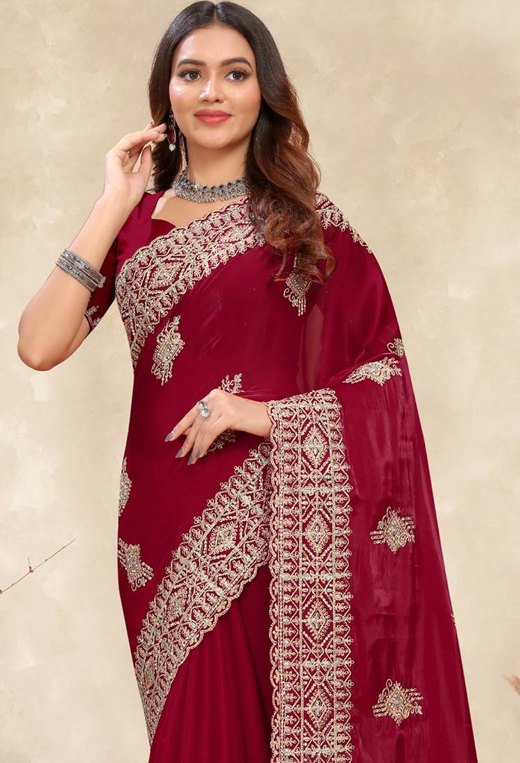 red coding embroidered zarkan diamond work crepe silk blend saree for women