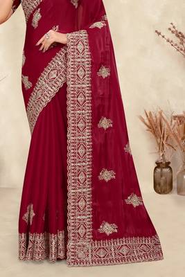 red crepe silk saree with coding zarkan work 4