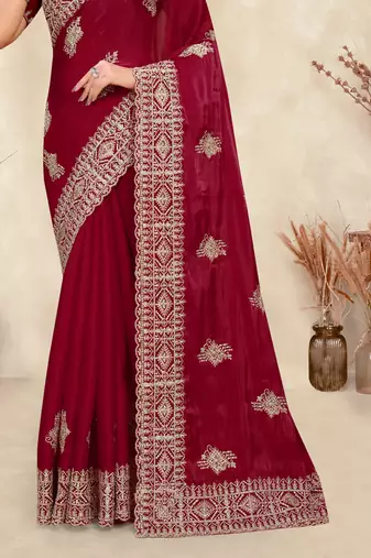 red crepe silk saree with coding zarkan work