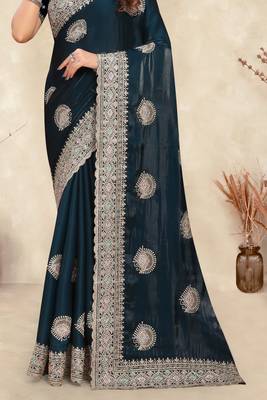 teal blue crepe silk saree with zarkan diamond work 4