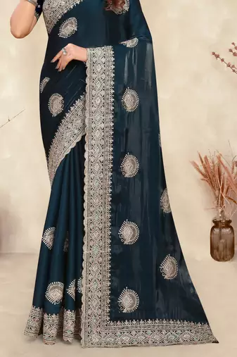 teal blue crepe silk saree with zarkan diamond work