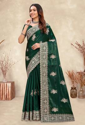dark green crepe silk saree with coding zarkan work 1