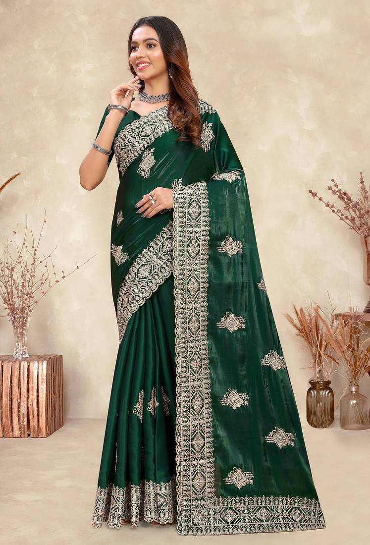 dark green crepe silk saree with coding zarkan work