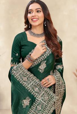 dark green crepe silk saree with coding zarkan work 2