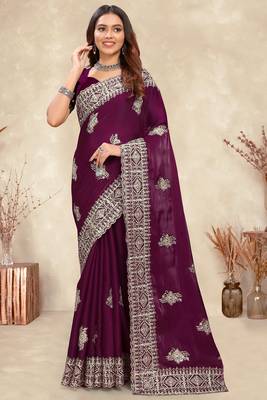wine blue crepe silk saree with coding zarkan work 1