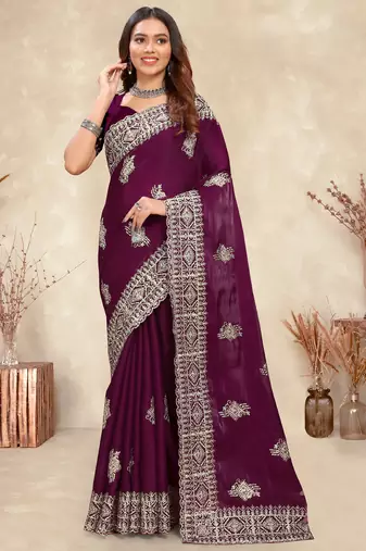 wine blue crepe silk saree with coding zarkan work