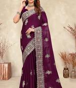 wine coding embroidered zarkan diamond work crepe silk blend saree for women