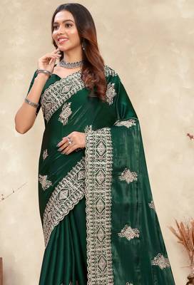 dark green crepe silk saree with coding zarkan work 3