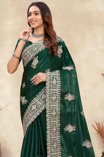dark green crepe silk saree with coding zarkan work
