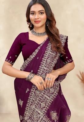 wine blue crepe silk saree with coding zarkan work 2