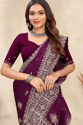 wine blue crepe silk saree with coding zarkan work