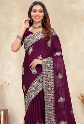 wine blue crepe silk saree with coding zarkan work 3