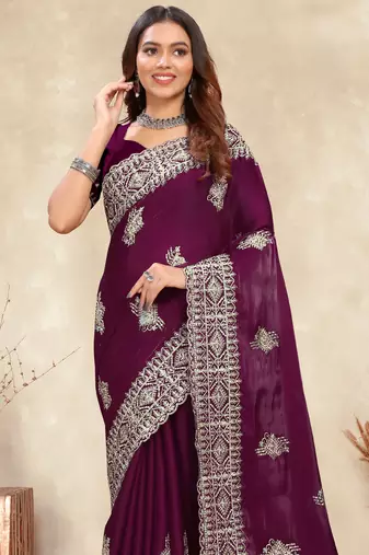 wine blue crepe silk saree with coding zarkan work