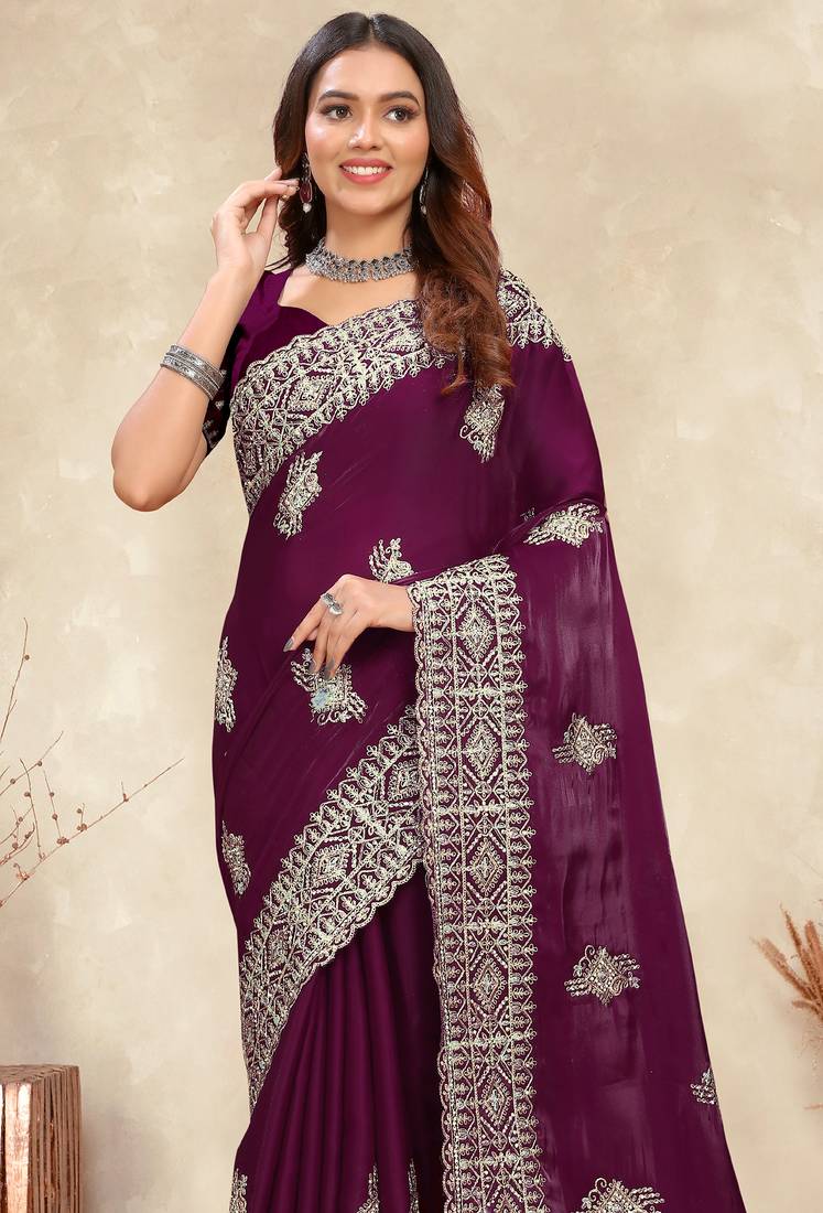 wine coding embroidered zarkan diamond work crepe silk blend saree for women