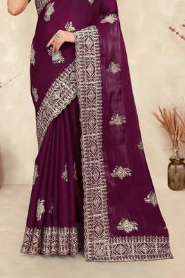 wine blue crepe silk saree with coding zarkan work 4