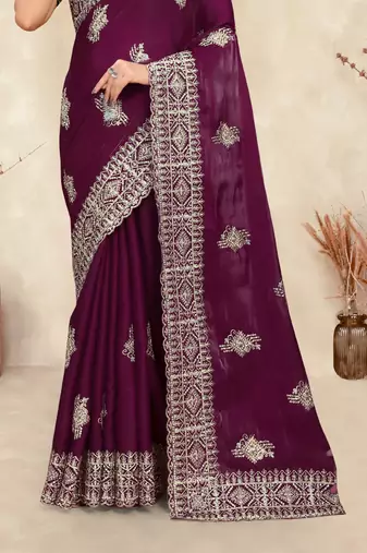 wine blue crepe silk saree with coding zarkan work