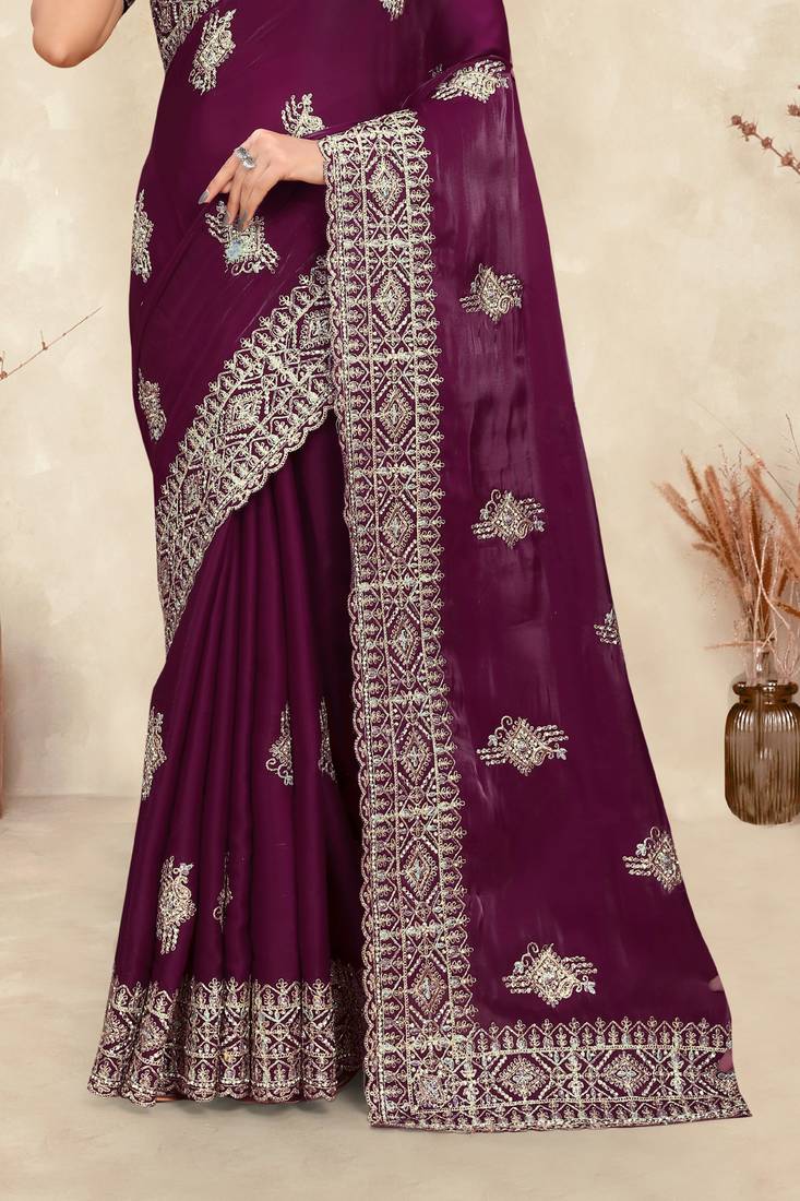 wine coding embroidered zarkan diamond work crepe silk blend saree for women