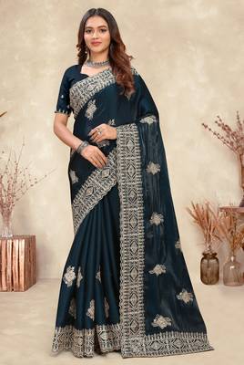 teal blue crepe silk saree with coding zarkan work 1