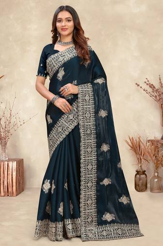 teal blue crepe silk saree with coding zarkan work