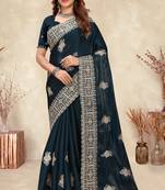 teal blue coding embroidered zarkan diamond work crepe silk blend saree for women