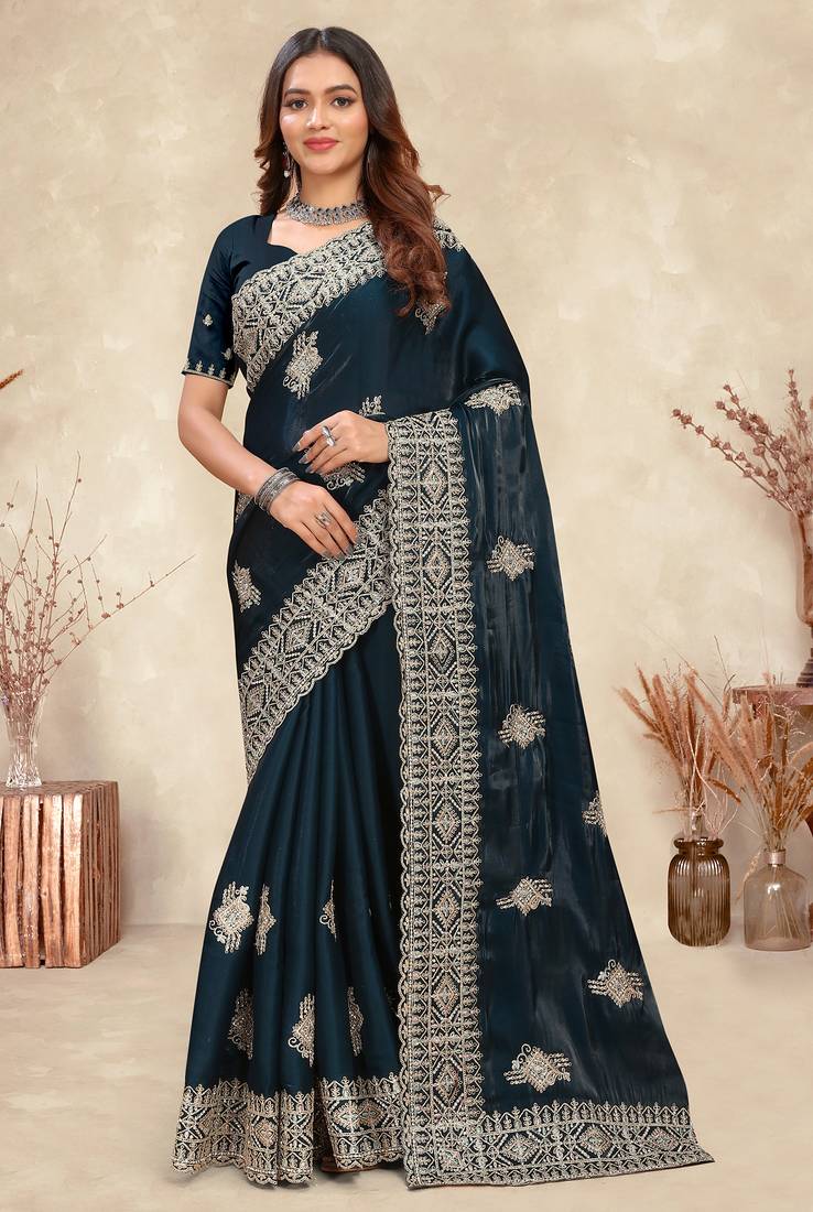 teal blue coding embroidered zarkan diamond work crepe silk blend saree for women