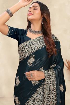 teal blue crepe silk saree with coding zarkan work 2