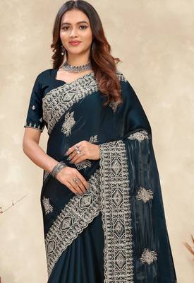 teal blue crepe silk saree with coding zarkan work 3