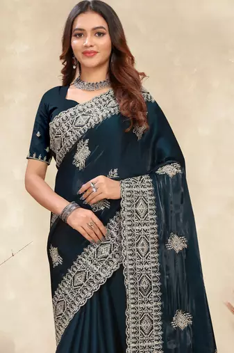 teal blue crepe silk saree with coding zarkan work
