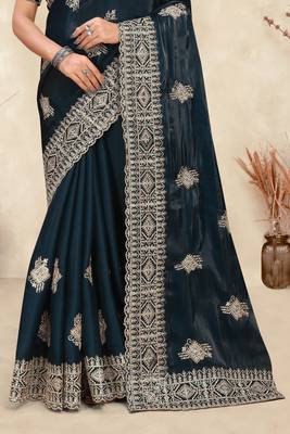 teal blue crepe silk saree with coding zarkan work 4