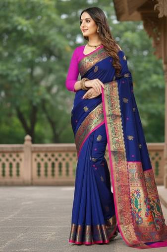 blue color meenakari zari weaving soft art silk saree with unstiched blouse 