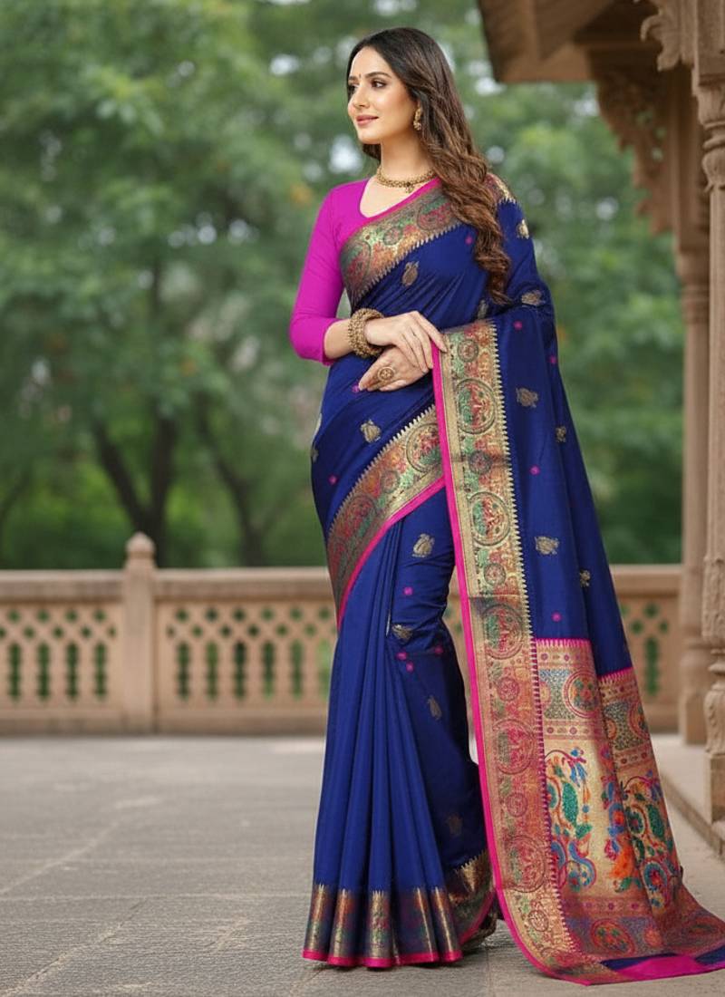 blue color meenakari zari weaving soft art silk saree with unstiched blouse 