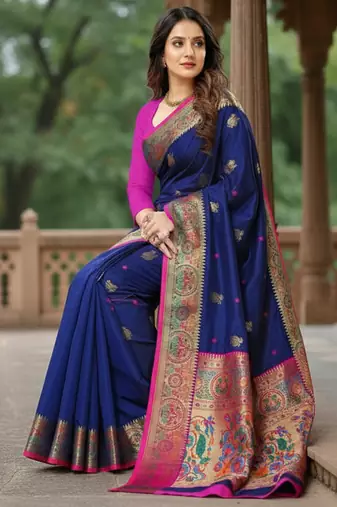 blue color meenakari zari weaving soft art silk saree with unstiched blouse 