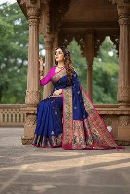 blue color meenakari zari weaving soft art silk saree with unstiched blouse  4