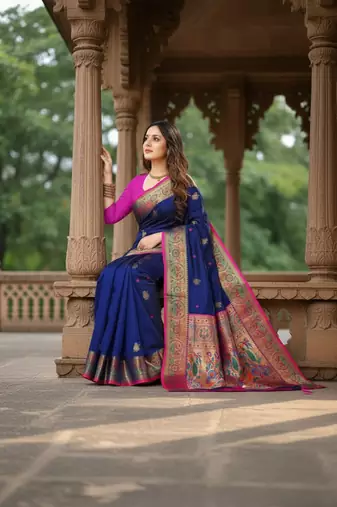 blue color meenakari zari weaving soft art silk saree with unstiched blouse 