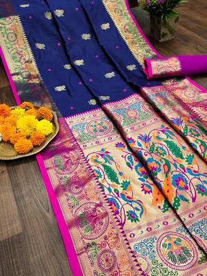 blue color meenakari zari weaving soft art silk saree with unstiched blouse  5