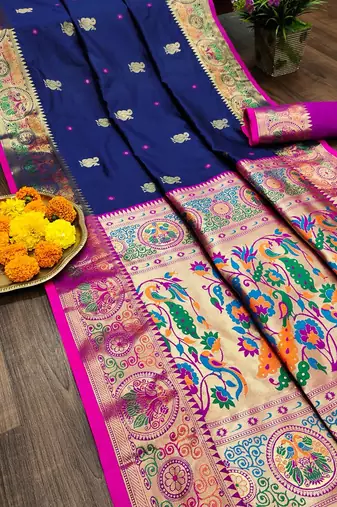 blue color meenakari zari weaving soft art silk saree with unstiched blouse 