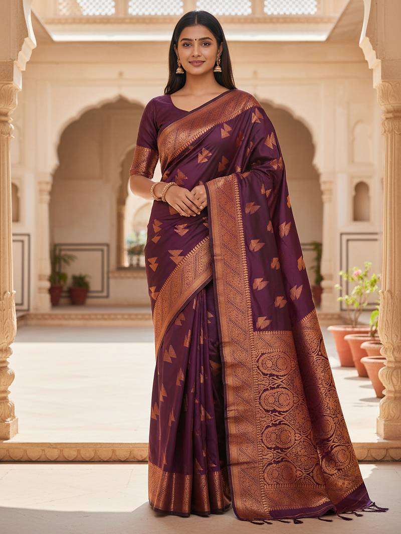 wine color meenakari zari weaving soft art silk saree with unstiched blouse 