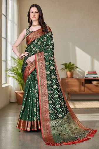 green color meenakari zari weaving soft art silk saree with unstiched blouse 