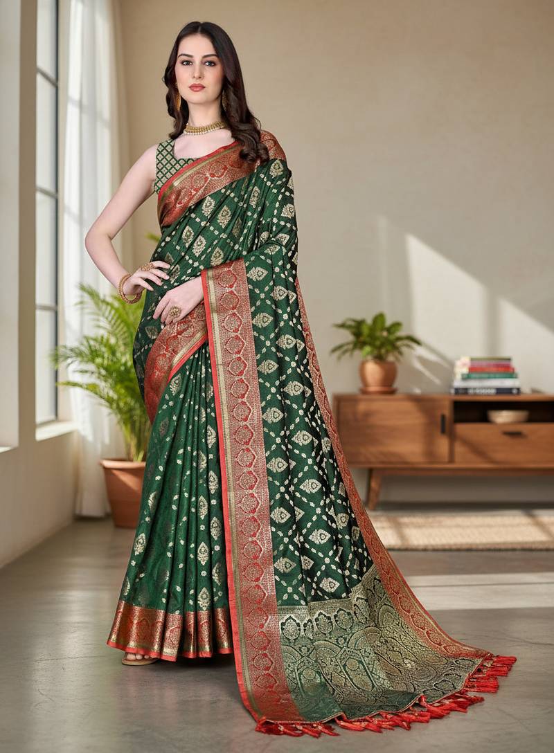 green color meenakari zari weaving soft art silk saree with unstiched blouse 