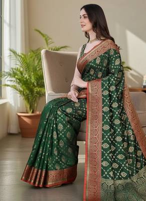 green color meenakari zari weaving soft art silk saree with unstiched blouse  2