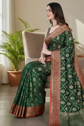 green color meenakari zari weaving soft art silk saree with unstiched blouse 