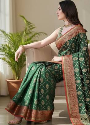 green color meenakari zari weaving soft art silk saree with unstiched blouse  4