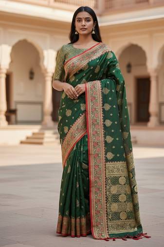 green color meenakari zari weaving soft art silk saree with unstiched blouse 