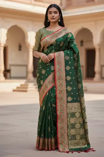 green color meenakari zari weaving soft art silk saree with unstiched blouse 